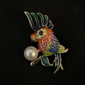 Unbranded Parrot Brooch Pin Multi Color Enamel With Faux Pearl Bright Costume 2”